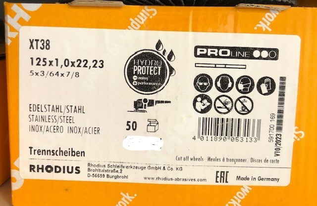 Rhodius XT38 doorslijpschijf extra dun 125x 1.0 mm 50 stuks met gratis snelspanmoer !!!! - Weldingshop