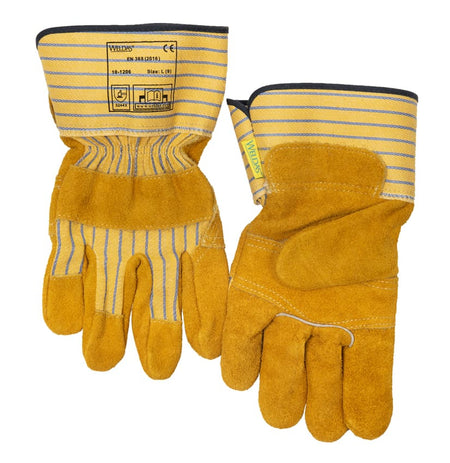 Weldas Werkhandschoen voor algemeen gebruik; elastiek op de rugzijde; gemaakt van split rundleer; gevoerde handpalm en 7;5 cm veiligheidskap