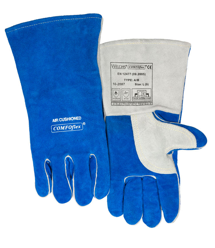 Weldas Lashandschoen gemaakt van blauw split rund schouderleer; gevoerd met COMFOflex® en met een versterkte duim; wijd model.