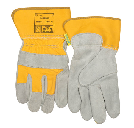 Weldas Werkhandschoen met veiligheidskleuren; elastiek op de rugzijde; gemaakt van split rundleer; gevoerde handpalm en 7;5 cm veiligheidskap