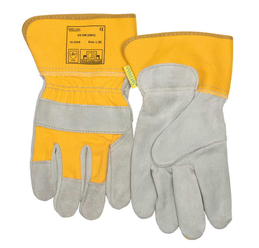 Weldas Werkhandschoen met veiligheidskleuren; elastiek op de rugzijde; gemaakt van split rundleer; gevoerde handpalm en 7;5 cm veiligheidskap