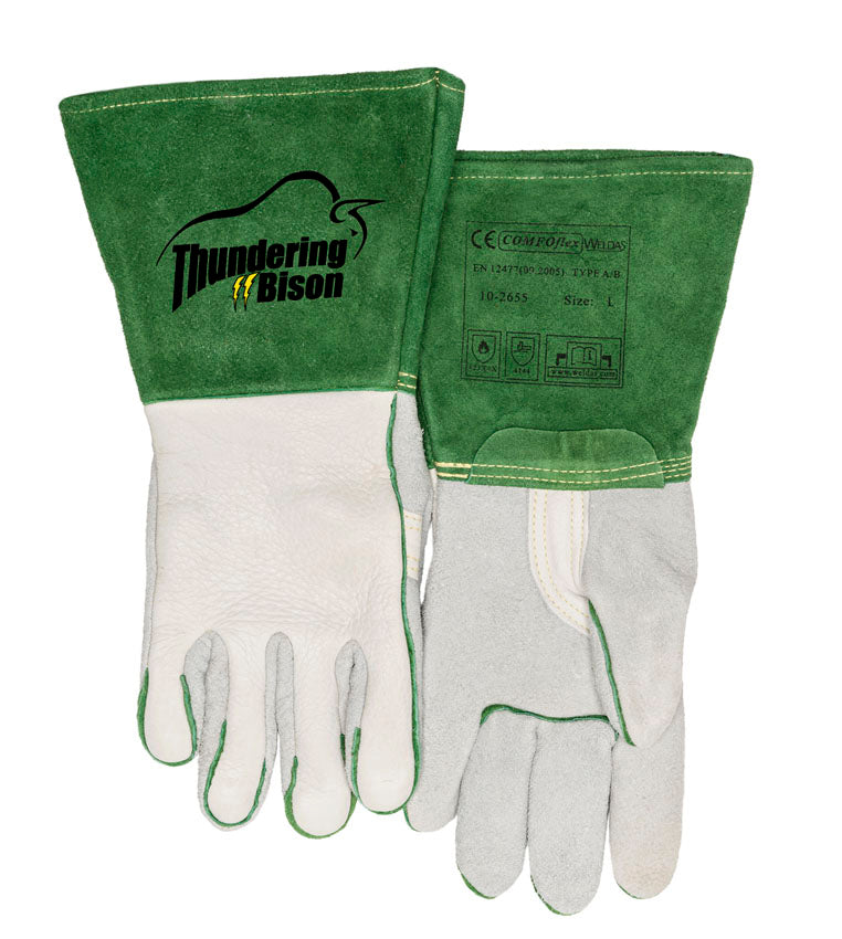 Weldas ThunderingBison™ lashandschoen met een versterkte hand van glad bisonleer; een COMFOflex® gevoerde rugzijde en split lederen kap van rundleer