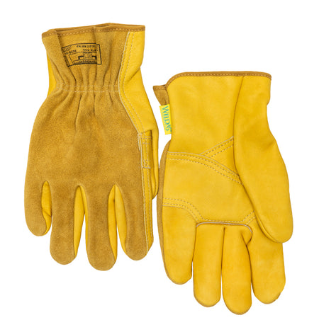 Weldas Werkhandschoen voor algemeen gebruik; elastiek op de rugzijde; gemaakt van split rundleer; gevoerde handpalm en 7;5 cm veiligheidskap