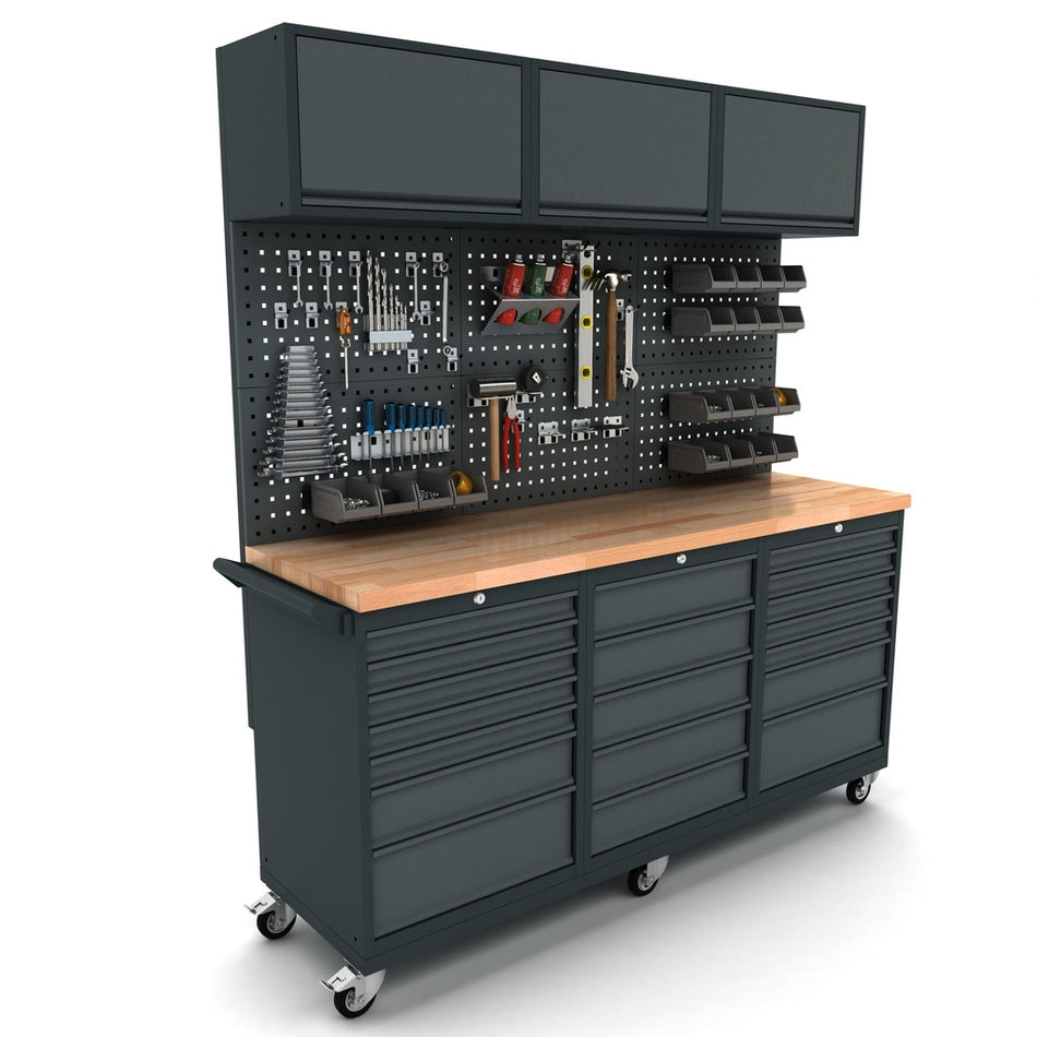 Werkbank mobiel 2x 7 en 1x 5 ladekast incl. gereedschapswand en bovenkast EXPERT