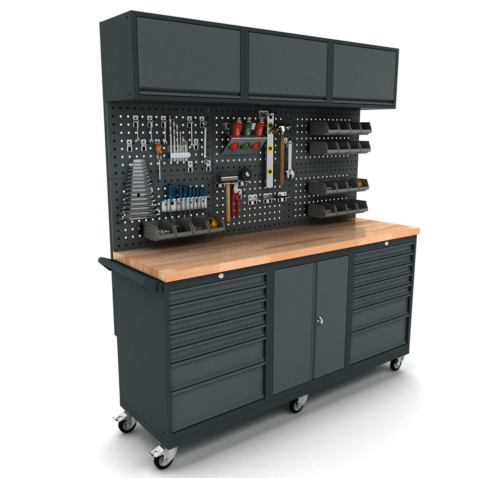 Verrijdbare werkbank 2 deuren 2x7 laden kast incl. gereedschapswand en bovenkast - Weldingshop