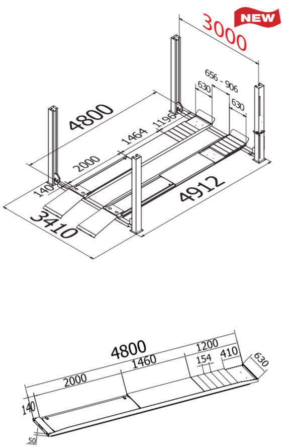 Vier koloms hefbrug 4000kg 4,8m uitlijn 3m doorrijbreedte Cascos - Weldingshop