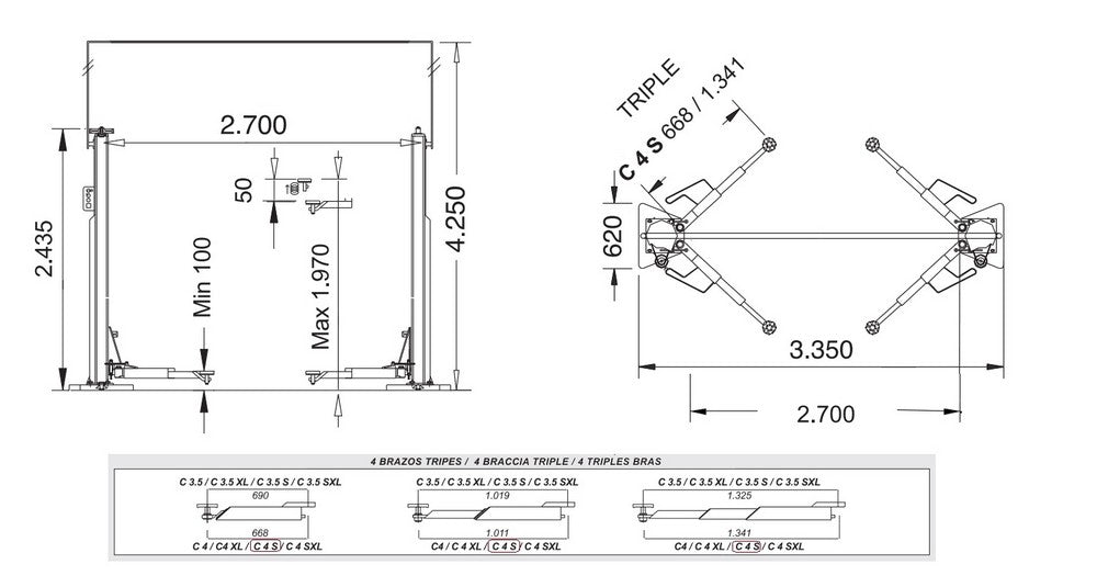Twee koloms hefbrug 4000kg vloerloos Comfort Cascos