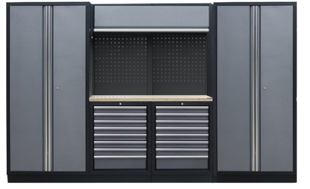 PROFESSIONEEL GARAGE WANDSYSTEEM 2 RUGPANELEN+ 2 KASTEN MET HOUTEN WERKBLAD