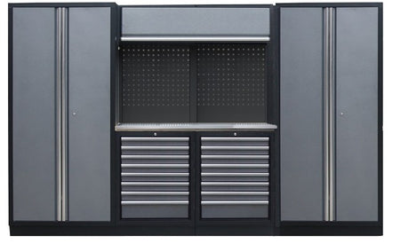 PROFESSIONEEL GARAGE WANDSYSTEEM 2 RUGPANELEN+ 2 KASTEN MET RVS WERKBLAD