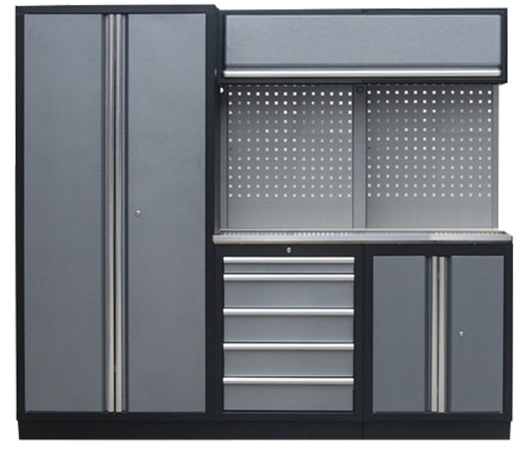 PROFESSIONEEL GARAGE WANDSYSTEEM 2 RUGPANELEN+BREDEKAST MET RVS WERKBLAD