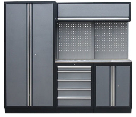 PROFESSIONEEL GARAGE WANDSYSTEEM 2 RUGPANELEN+BREDEKAST MET RVS WERKBLAD