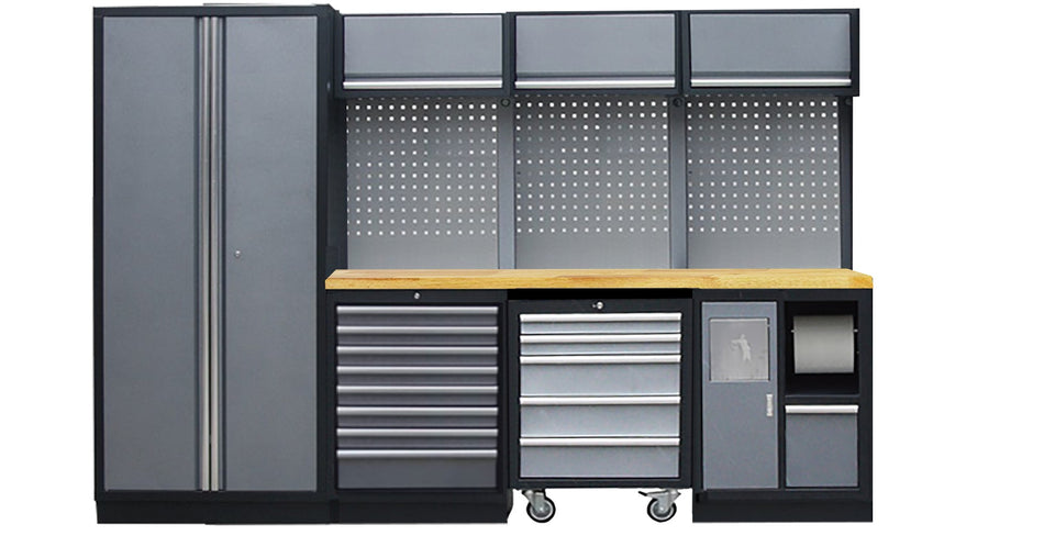 PROFESSIONEEL GARAGE WANDSYSTEEM 3 RUGPANELEN+ 1 KAST MET HOUTEN WERKBLAD