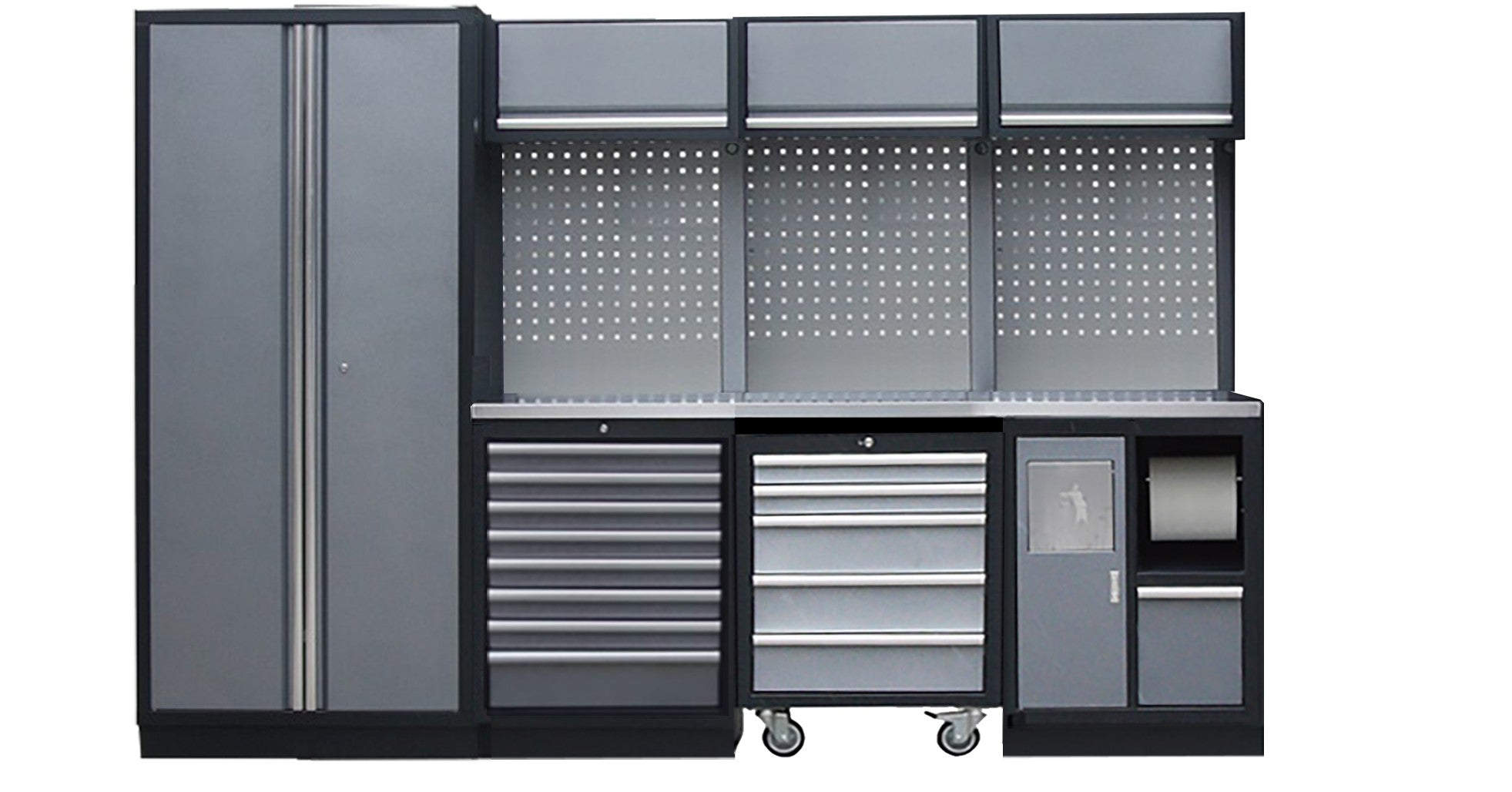 PROFESSIONEEL GARAGE WANDSYSTEEM 3 RUGPANELEN+ 1 KAST MET RVS WERKBLAD