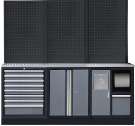 PROFESSIONEEL GARAGE WANDSYSTEEM 3 RUGPANELEN MET RVS WERKBLAD