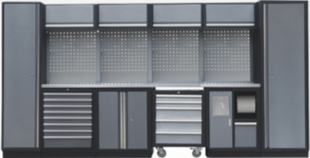PROFESSIONEEL GARAGE WANDSYSTEEM 4 RUGPANELEN+ 2 HOGEKASTEN MET RVS WERKBLAD