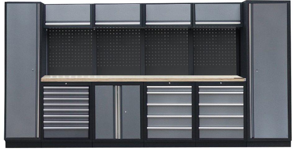 PROFESSIONEEL GARAGE WANDSYSTEEM 4 RUGPANELEN+ 2 KASTEN MET HOUTEN WERKBLAD