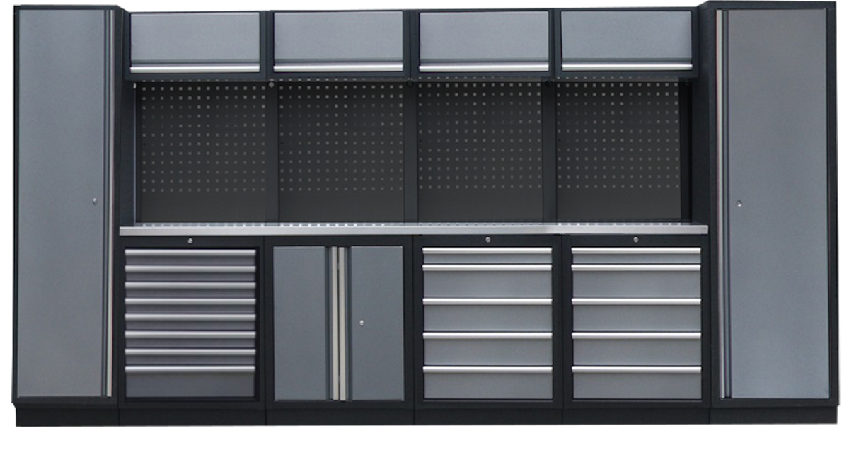PROFESSIONEEL GARAGE WANDSYSTEEM 4 RUGPANELEN+ 2 KASTEN MET RVS WERKBLAD