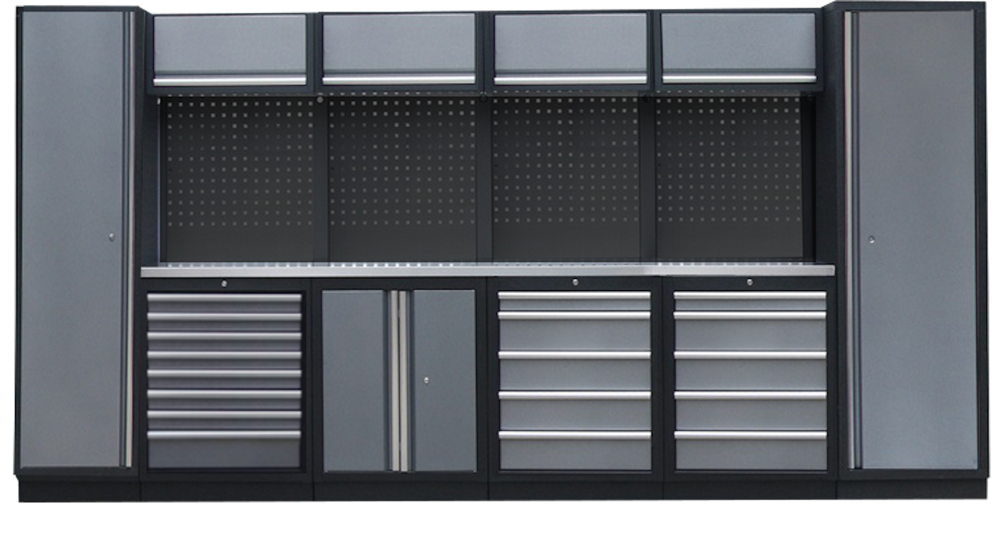 PROFESSIONEEL GARAGE WANDSYSTEEM 4 RUGPANELEN+ 2 KASTEN MET RVS WERKBLAD