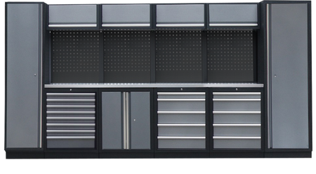 PROFESSIONEEL GARAGE WANDSYSTEEM 4 RUGPANELEN+ 2 KASTEN MET RVS WERKBLAD