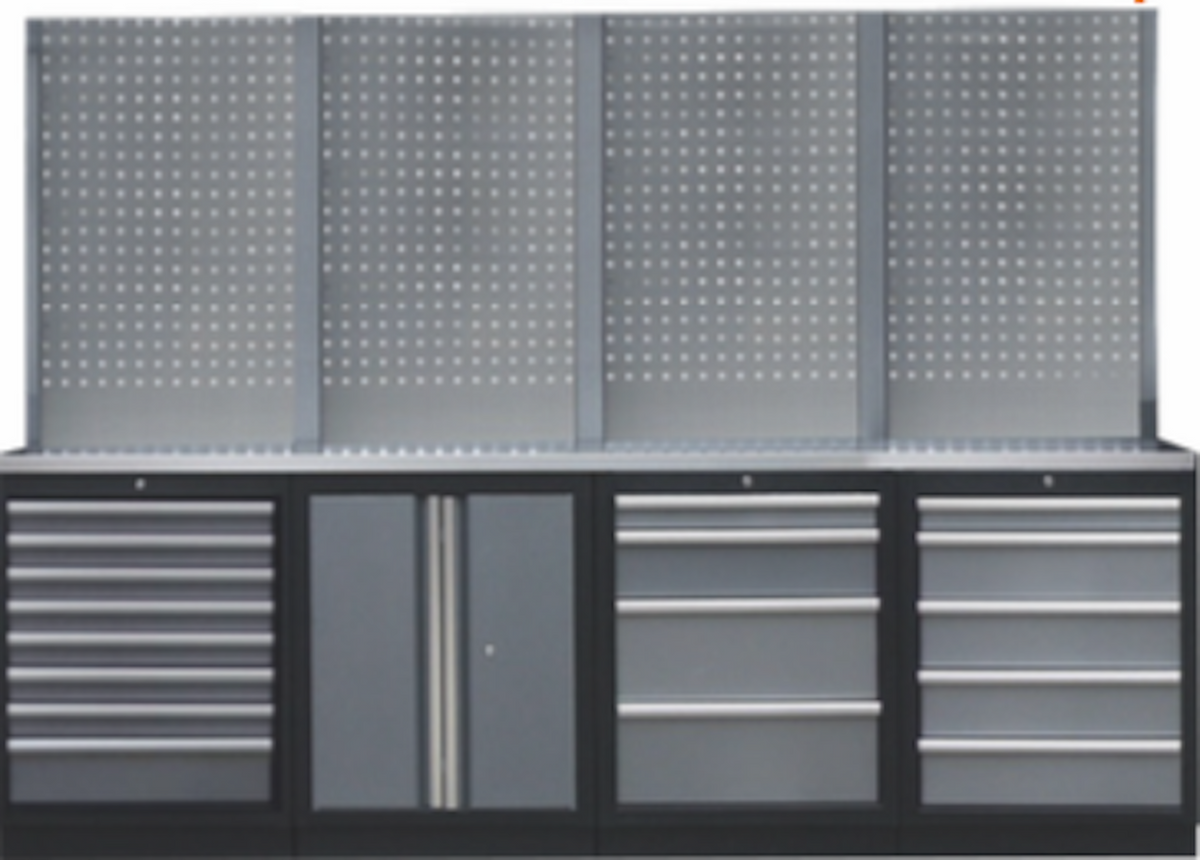 PROFESSIONEEL GARAGE WANDSYSTEEM 4 RUGPANELEN MET HOUTEN WERKBLAD