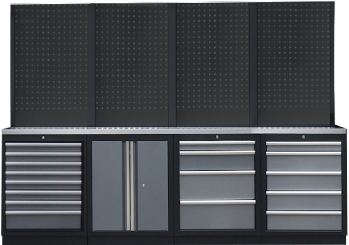 PROFESSIONEEL GARAGE WANDSYSTEEM 4 RUGPANELEN MET RVS WERKBLAD