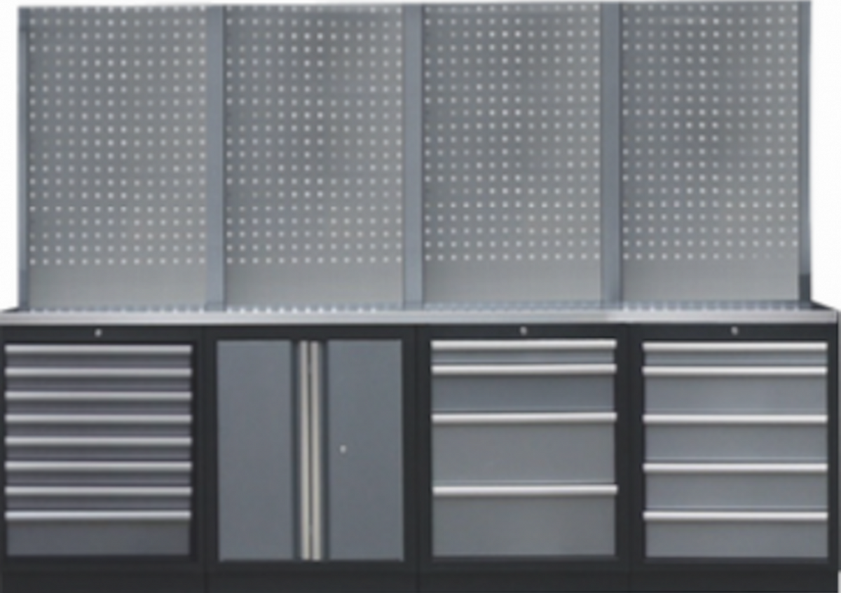 PROFESSIONEEL GARAGE WANDSYSTEEM 4 RUGPANELEN MET RVS WERKBLAD