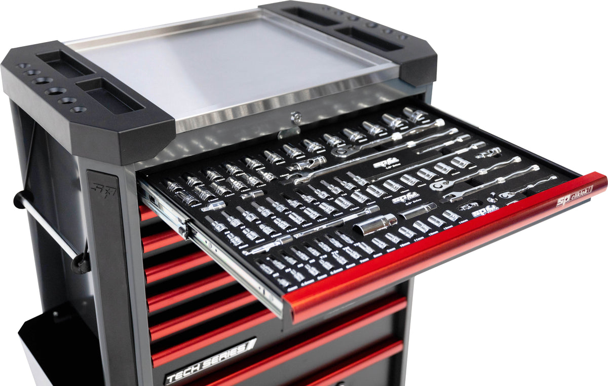 387 DELIGE TOOLKIT IN TECH SERIE GEREEDSCHAPSWAGEN MET 9 LADEN DIAMOND BLACK/ROOD
