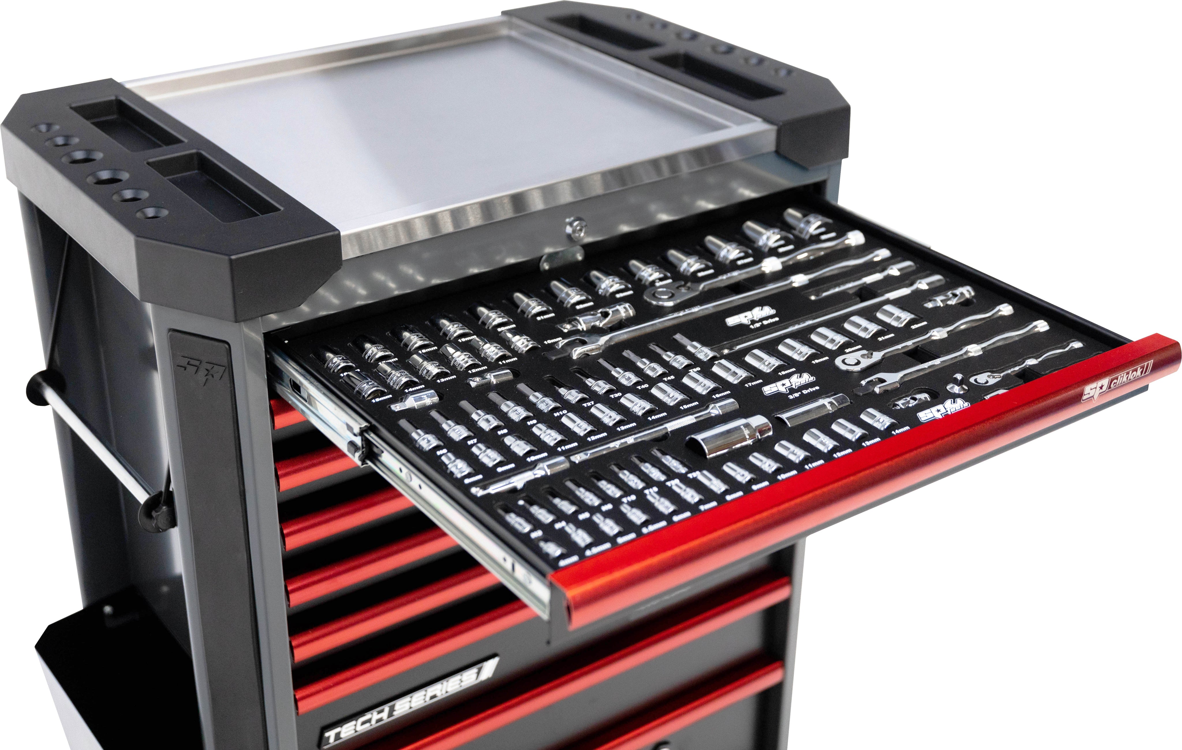 387 DELIGE TOOLKIT IN TECH SERIE GEREEDSCHAPSWAGEN MET 9 LADEN DIAMOND BLACK/ROOD