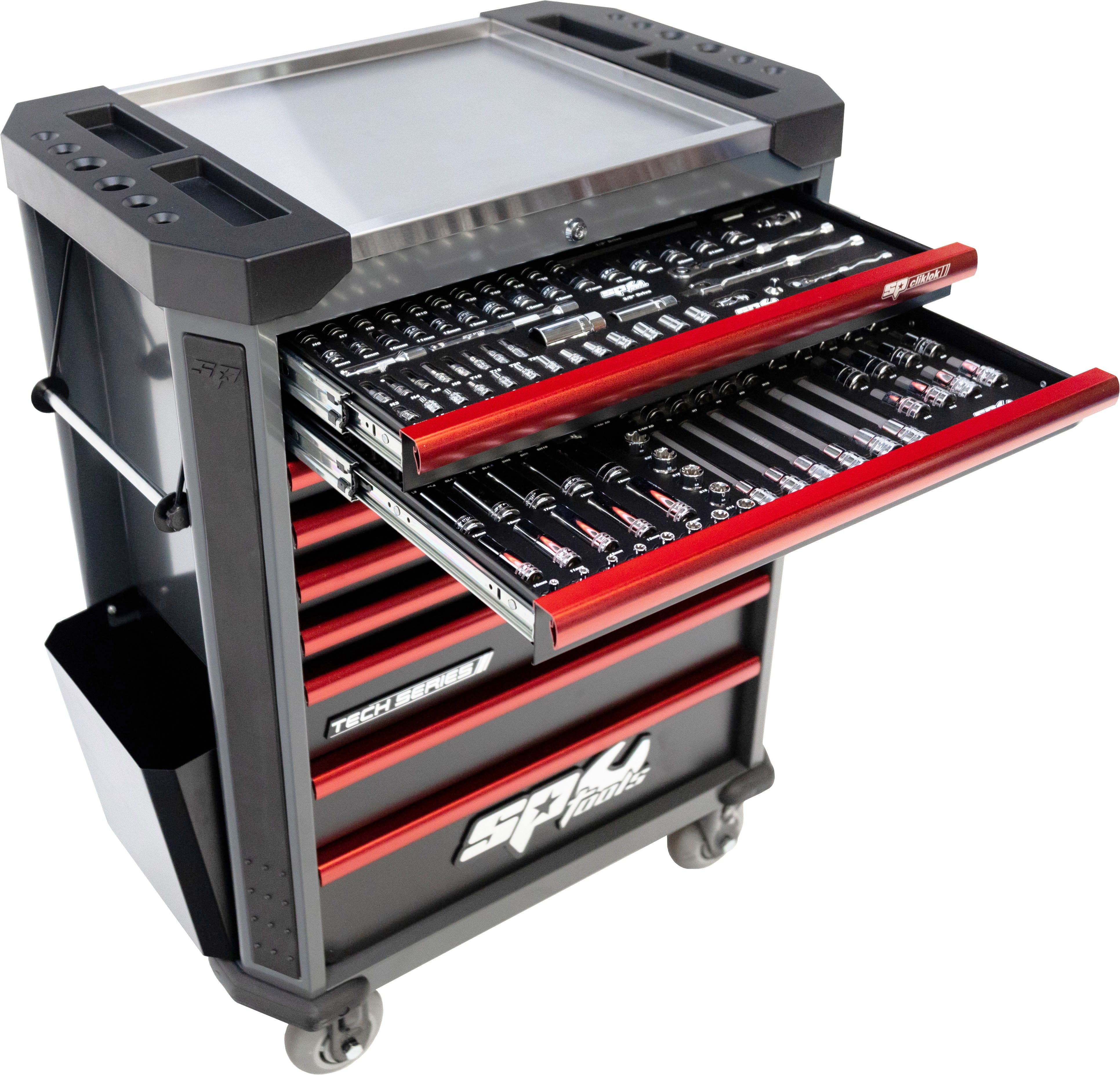 387 DELIGE TOOLKIT IN TECH SERIE GEREEDSCHAPSWAGEN MET 9 LADEN DIAMOND BLACK/ROOD