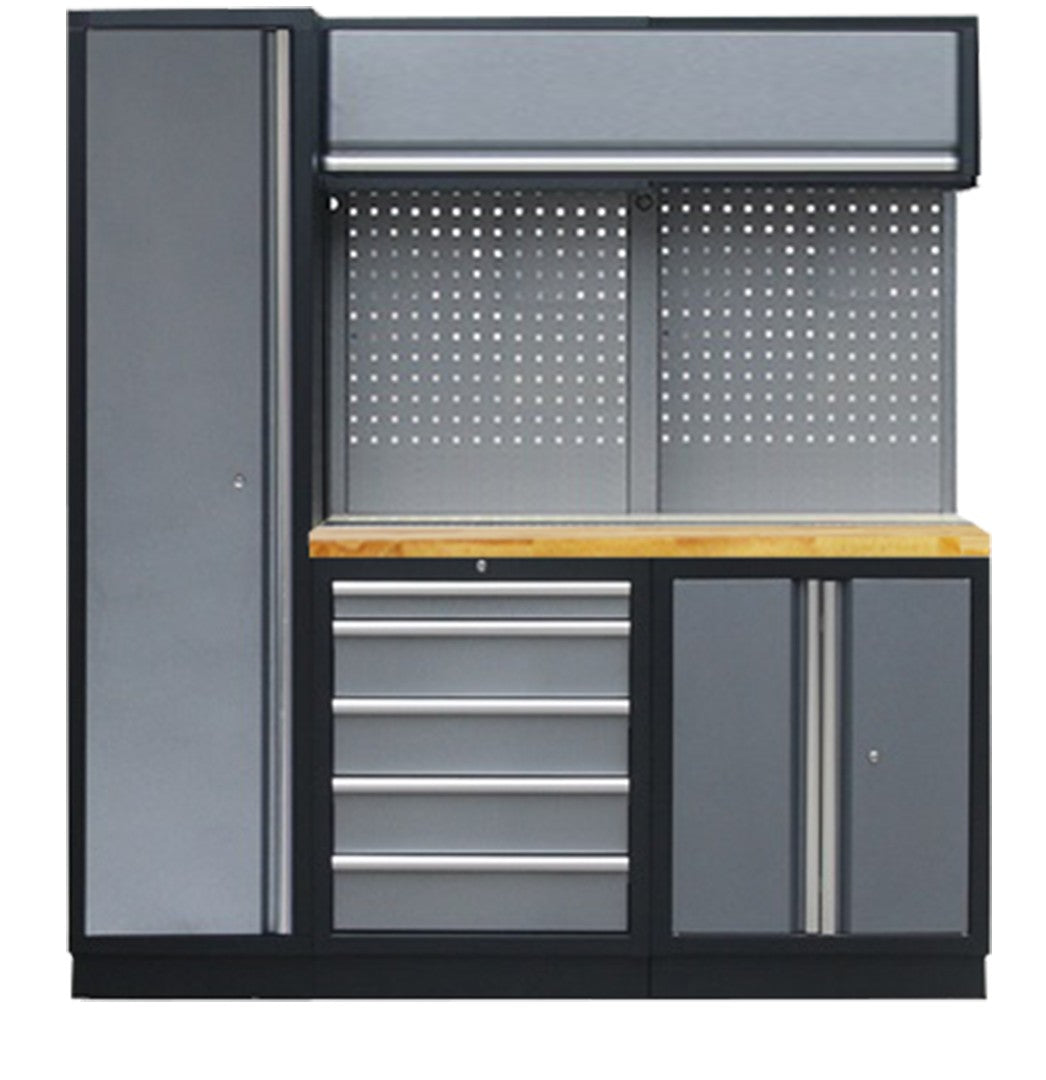 PROFESSIONEEL GARAGE WANDSYSTEEM 2 RUGPANELEN+KAST MET HOUTEN WERKBLAD
