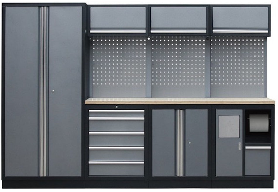 PROFESSIONEEL GARAGE WANDSYSTEEM 3 RUGPANELEN+KAST MET HOUTEN WERKBLAD