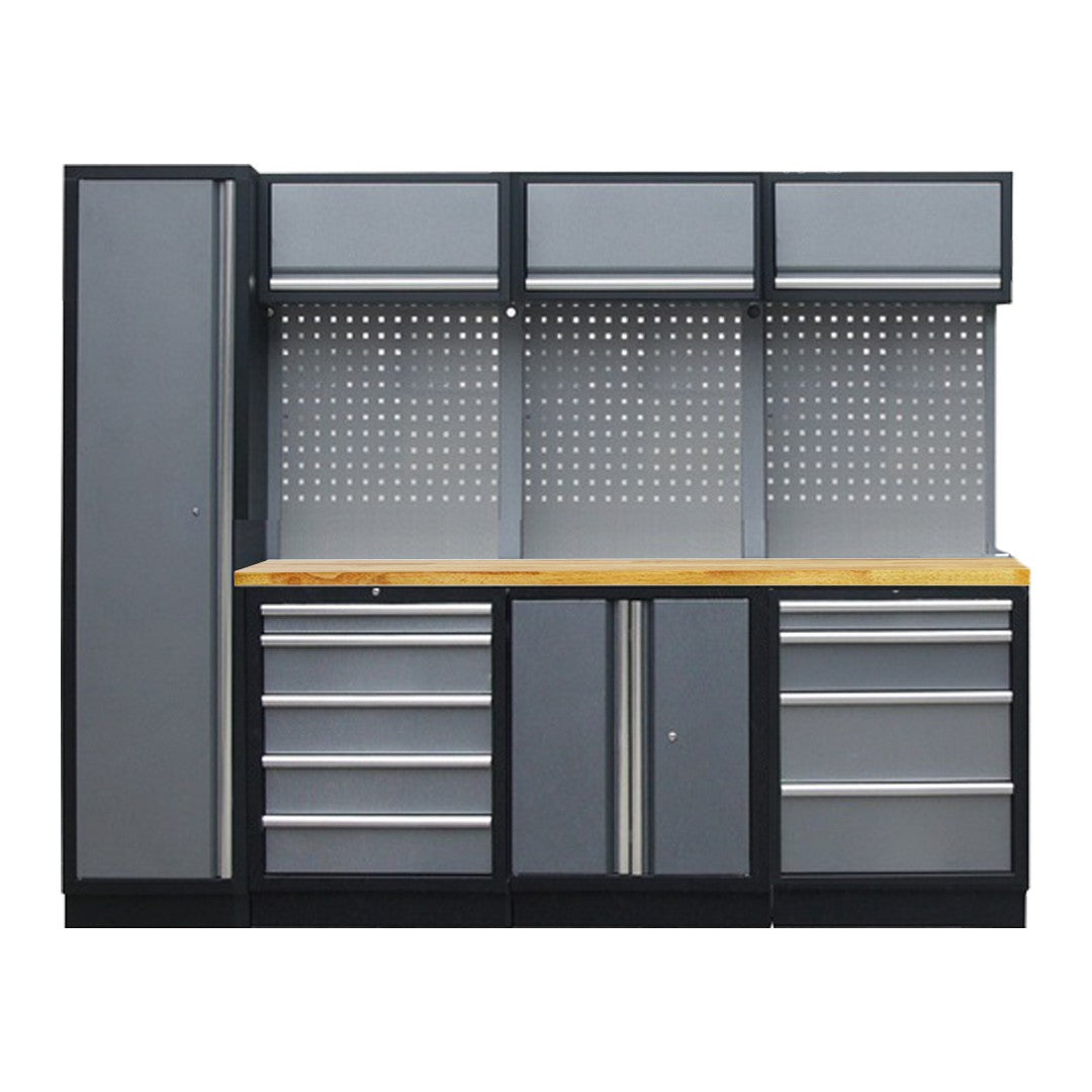 PROFESSIONEEL GARAGE WANDSYSTEEM 3 RUGPANELEN+KAST MET HOUTEN WERKBLAD