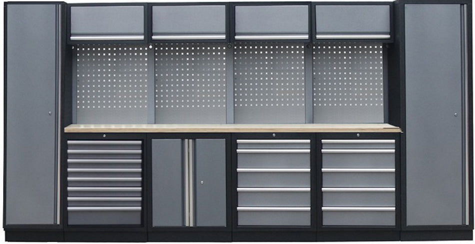PROFESSIONEEL GARAGE WANDSYSTEEM 4 RUGPANELEN+ 2 KASTEN MET HOUTEN WERKBLAD