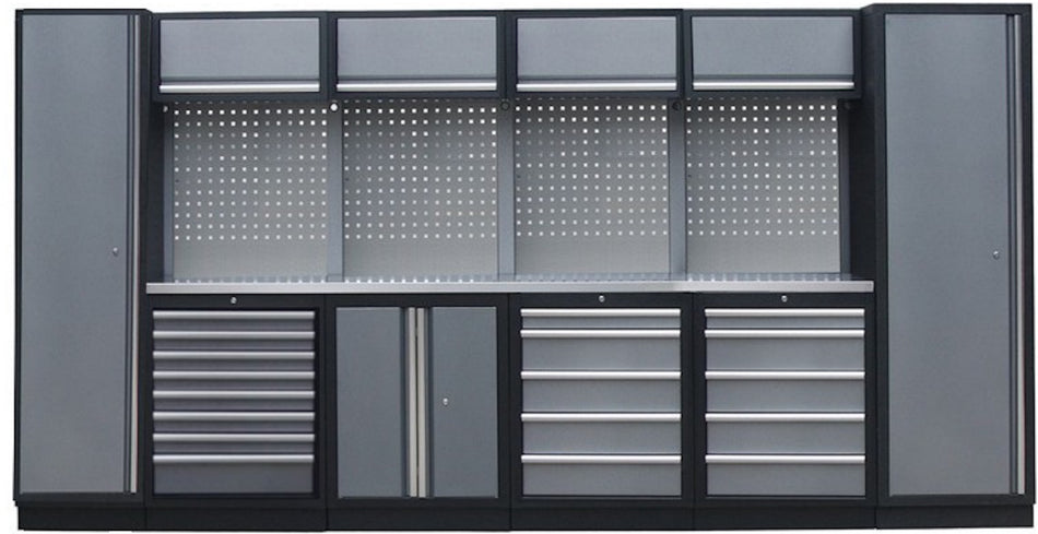 PROFESSIONEEL GARAGE WANDSYSTEEM 4 RUGPANELEN+ 2 KASTEN MET RVS WERKBLAD